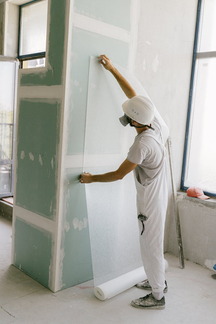 footer-01 Construction worker in hard hat applying wallpaper inside a building under renovation.
