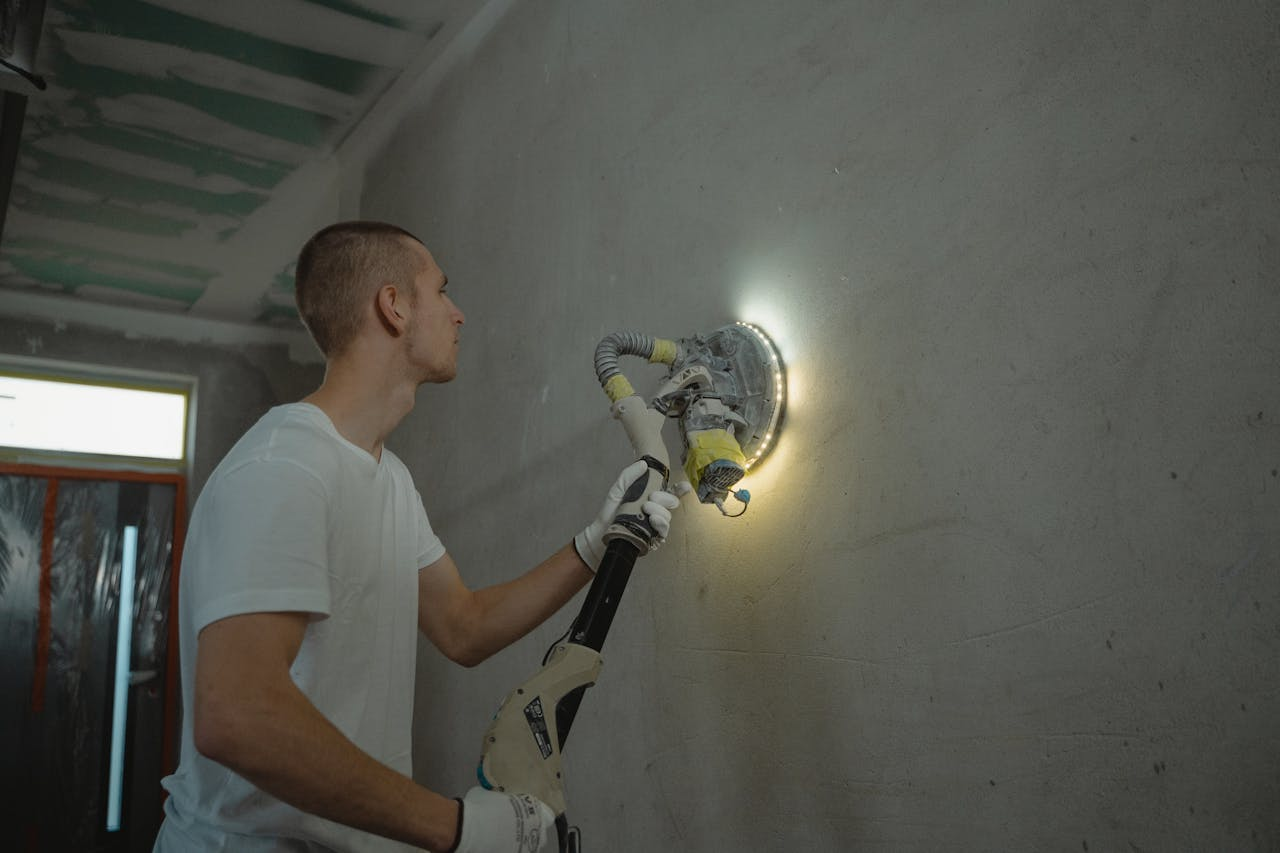 process-img Photo of a man using a power tool to sand a wall during an indoor home renovation project.