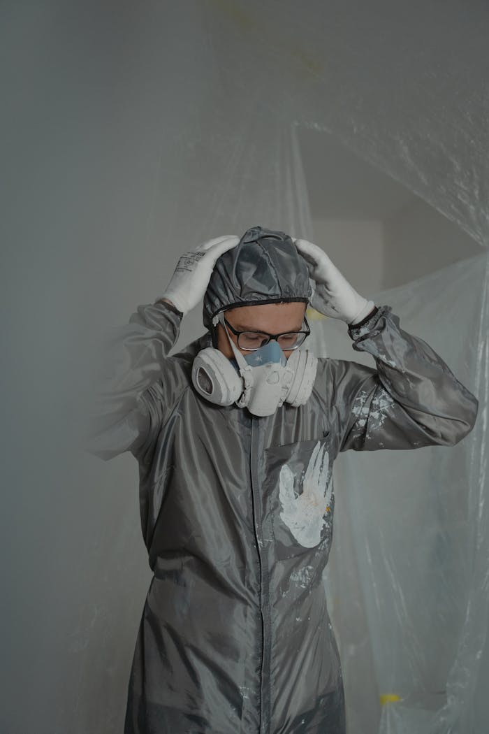 about-02 A worker wearing a gas mask and protective suit stands indoors, focusing on safety.