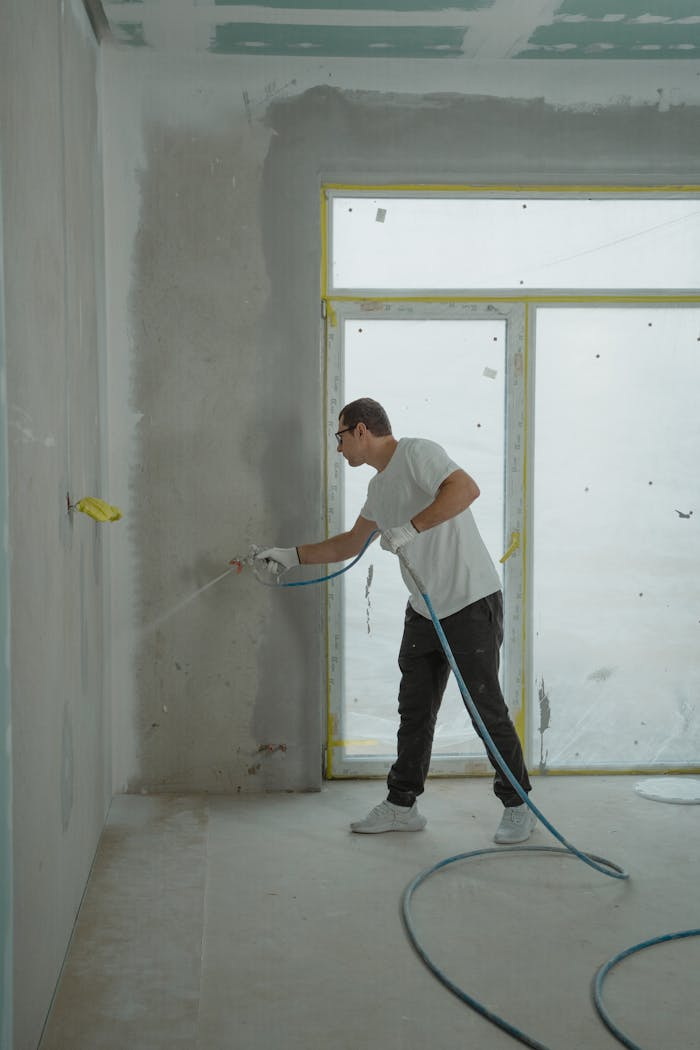 awards-img A man uses a spray gun to paint an interior wall in a room under renovation.
