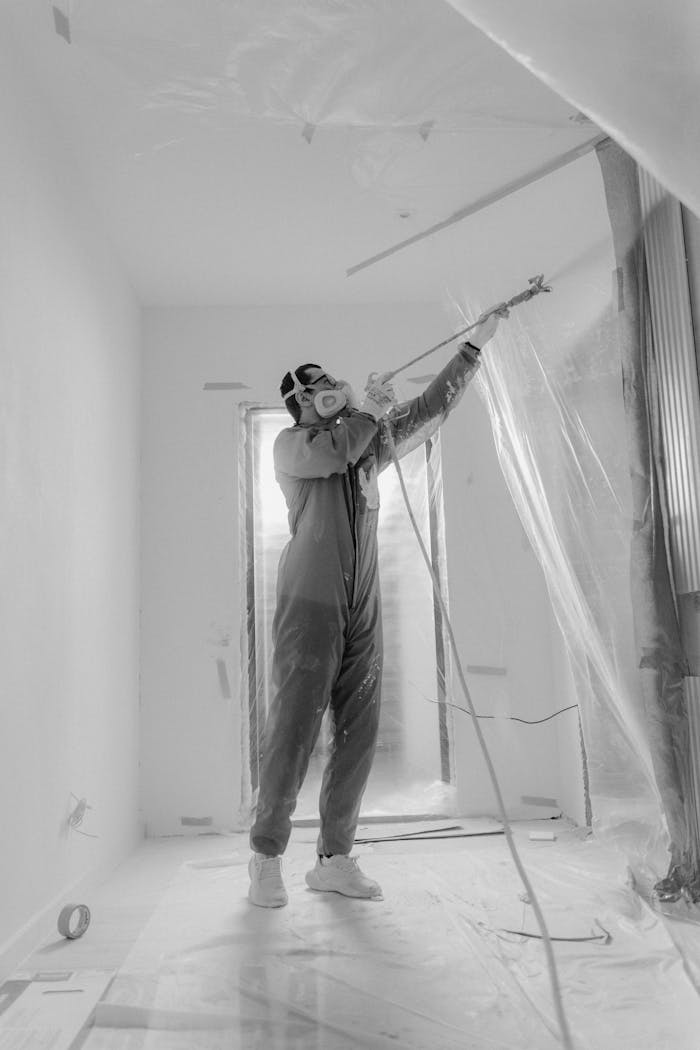 about-01 A worker in a respirator uses a spray gun on a construction site during renovation.