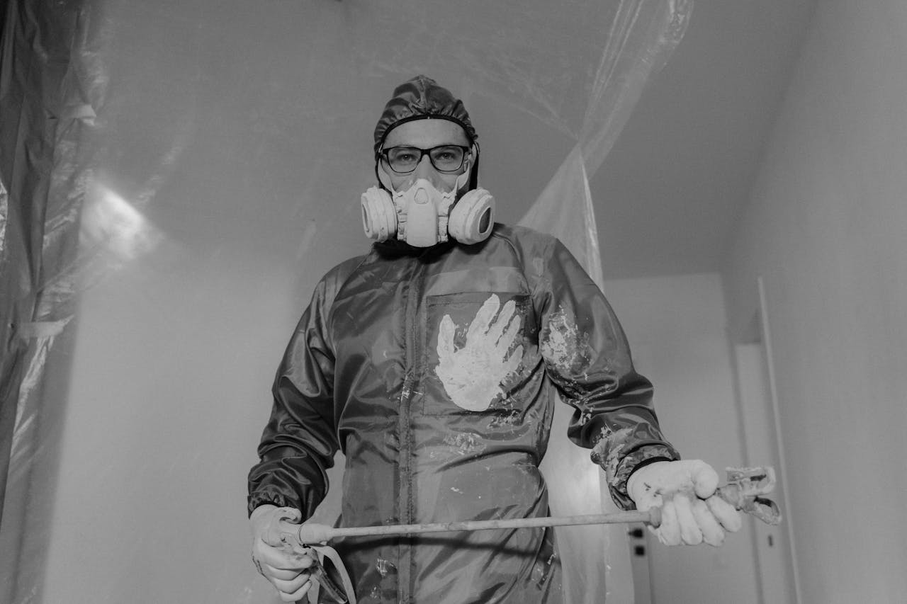 hero-02 A worker in protective gear painting indoors during a home renovation project.